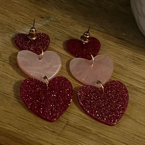 Pink Triple Heart Glitter Dangle Earrings Valentine's Day Gift - Picture 2 of 6